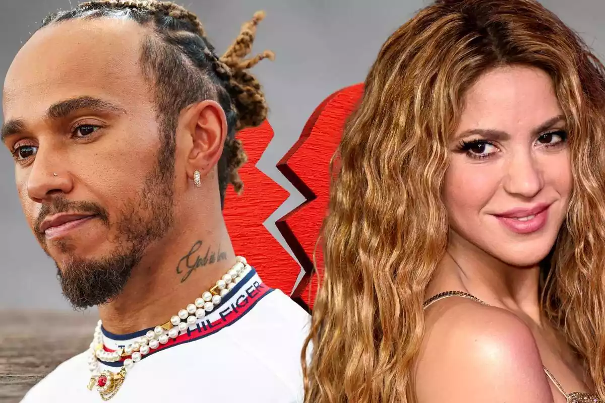 Fotomontaje de Lewis Hamilton y Shakira con un corazón roto de fondo