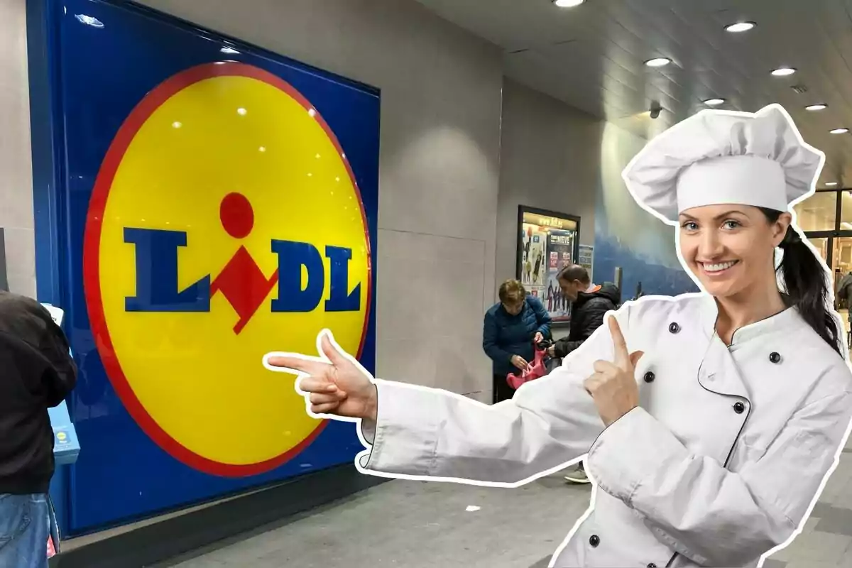 Una chef sonriente con uniforme blanco y gorro de cocinero señala con ambas manos el logotipo de Lidl en una tienda.
