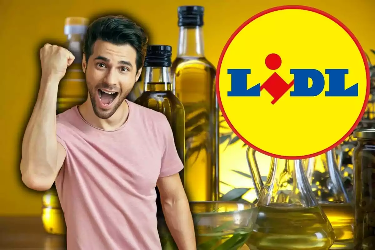 Un hombre emocionado con el puño levantado frente a botellas de aceite y el logo de Lidl.