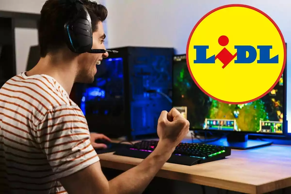 Un hombre con auriculares y micrófono celebra mientras juega en una computadora, con el logotipo de Lidl superpuesto en la imagen.