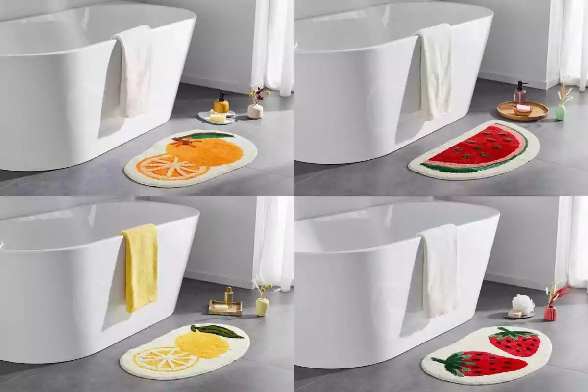 Cuatro imágenes de una bañera blanca con toallas colgadas y alfombras de baño con diseños de frutas: naranja, sandía, limón y fresa, acompañadas de accesorios de baño. Cuatro imágenes de una bañera blanca con toallas colgadas y alfombras de baño con diseños de frutas: naranja, sandía, limón y fresa, acompañadas de accesorios de baño.