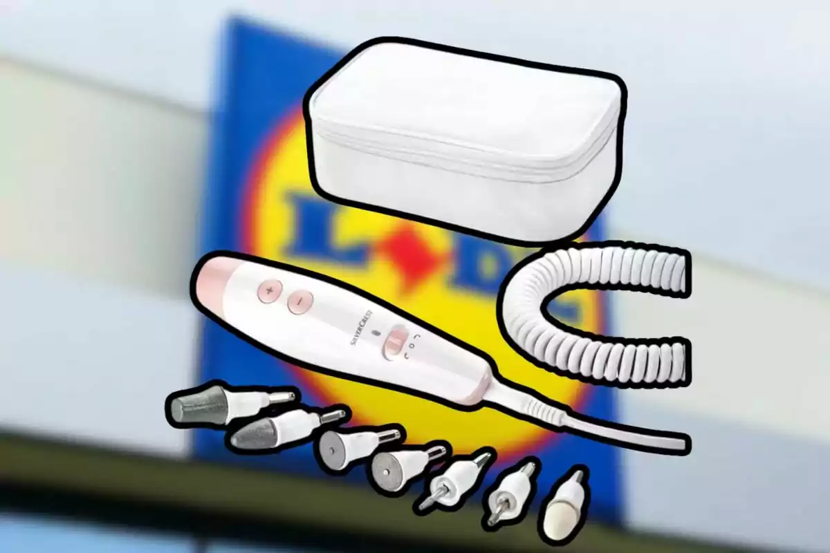 Set de manicura y pedicura con estuche y varios accesorios frente a un cartel borroso de una tienda Lidl Set de manicura y pedicura con estuche y varios accesorios frente a un cartel borroso de una tienda Lidl