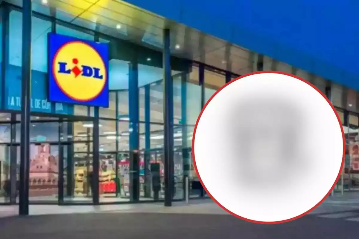 Fachada de una tienda Lidl con un círculo borroso en el lado derecho.