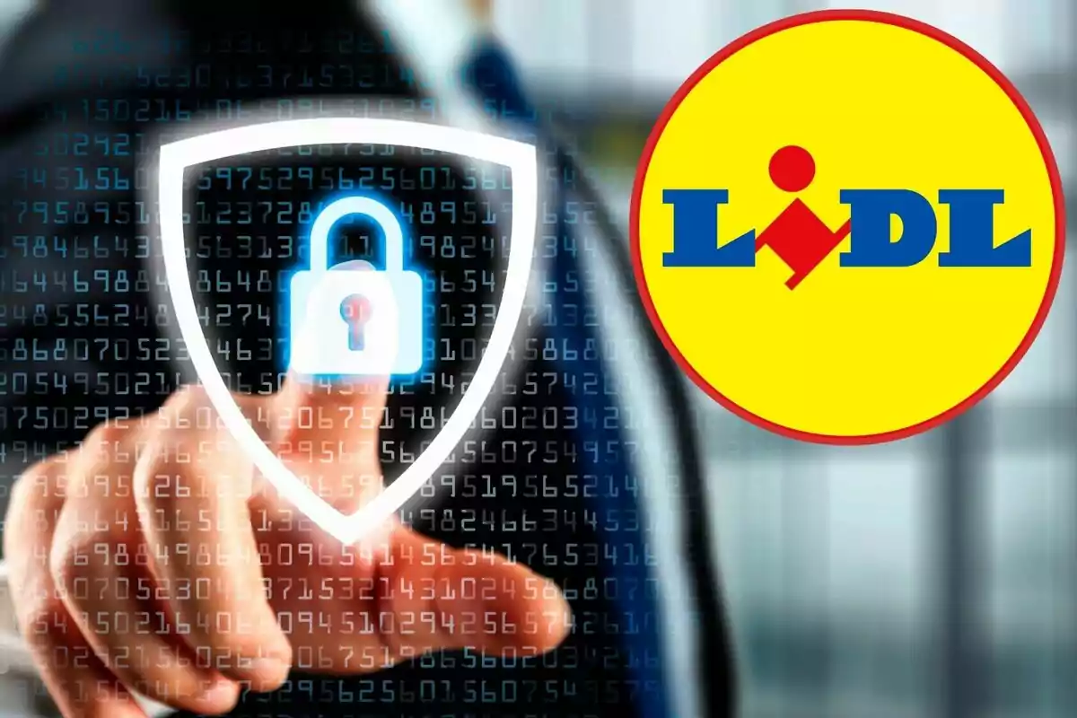 Persona tocando un icono de candado en una pantalla digital con el logo de Lidl al lado.