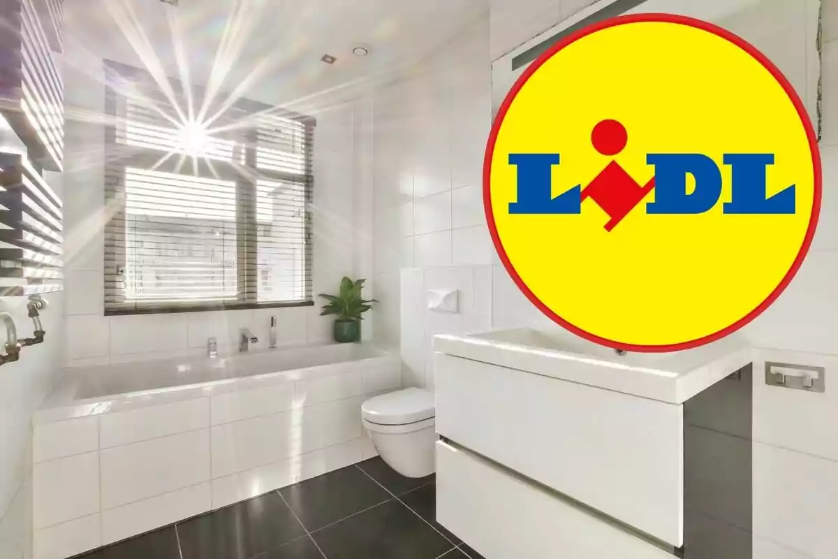 Un baño moderno y luminoso con el logotipo de Lidl superpuesto en la esquina superior derecha.