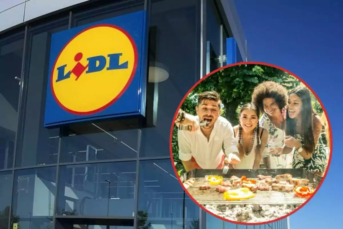 Un supermercado Lidl con un grupo de personas disfrutando de una parrillada en un círculo superpuesto.