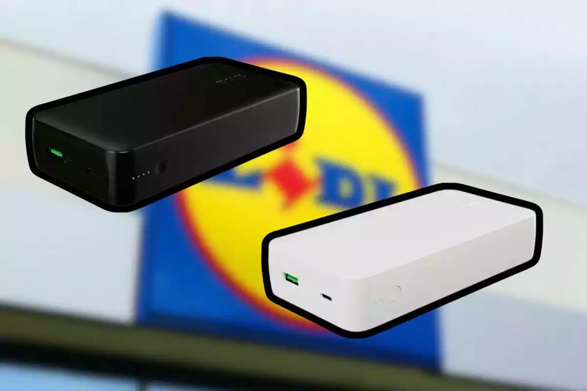 Dos baterías portátiles, una negra y otra blanca, flotan frente a un fondo desenfocado con un logotipo colorido. Dos baterías portátiles, una negra y otra blanca, flotan frente a un fondo desenfocado con un logotipo colorido.