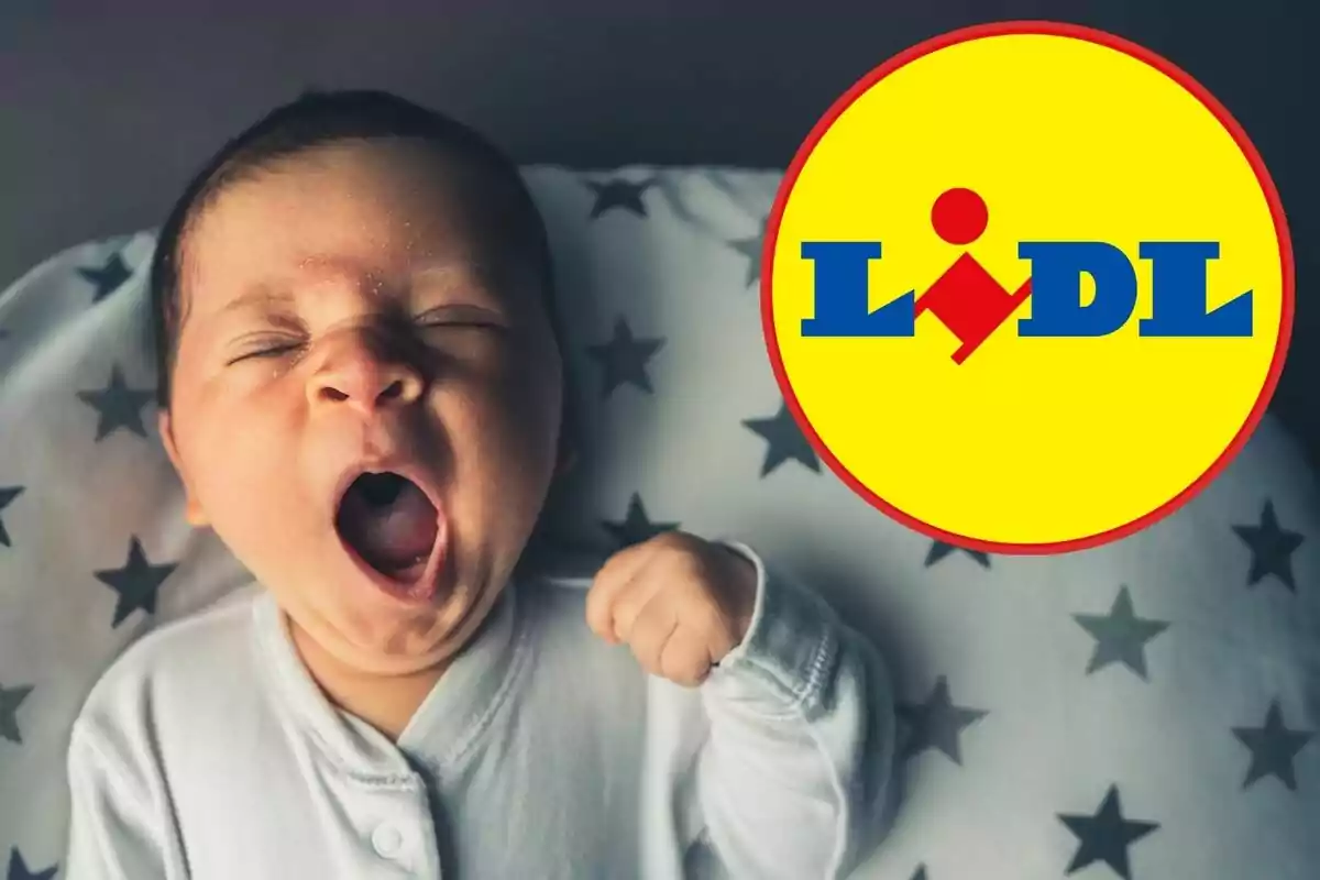 Un bebé bostezando con el logo de Lidl en la esquina superior derecha.