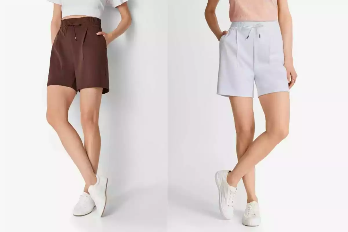 Dos mujeres modelan shorts de tiro alto con cordón, una en color marrón y otra en color blanco, ambas usan tenis blancos y blusas claras Dos mujeres modelan shorts de tiro alto con cordón, una en color marrón y otra en color blanco, ambas usan tenis blancos y blusas claras