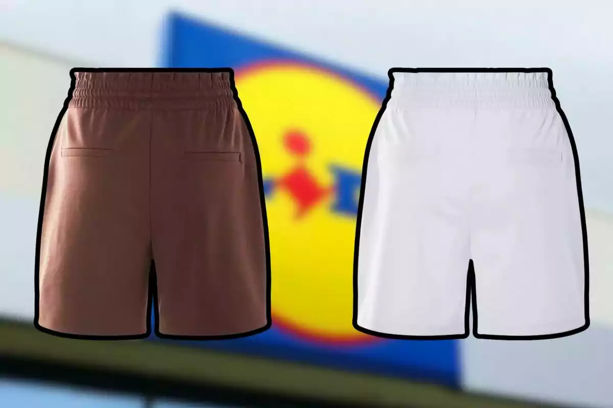 Dos shorts deportivos uno marrón y otro blanco con fondo desenfocado de un logotipo de supermercado Dos shorts deportivos uno marrón y otro blanco con fondo desenfocado de un logotipo de supermercado
