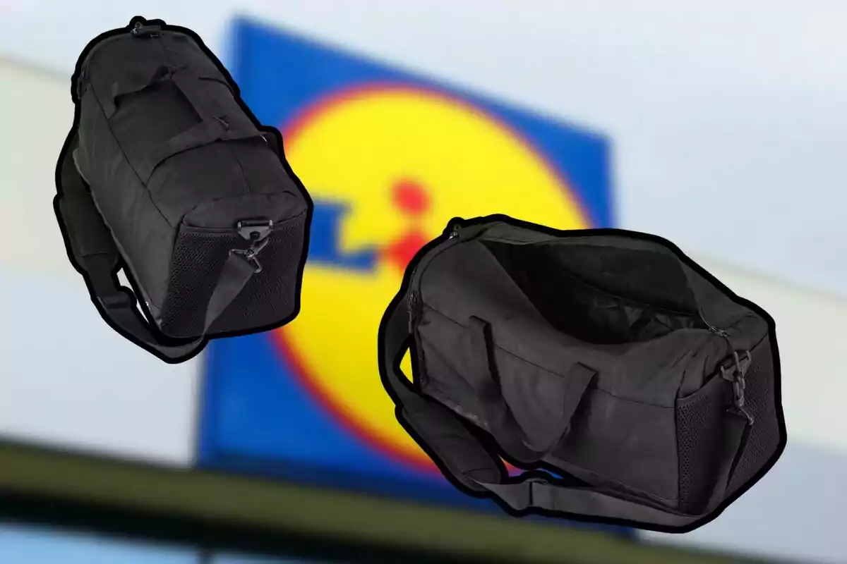 Dos bolsas de deporte negras con fondo desenfocado de un logotipo colorido. Dos bolsas de deporte negras con fondo desenfocado de un logotipo colorido.