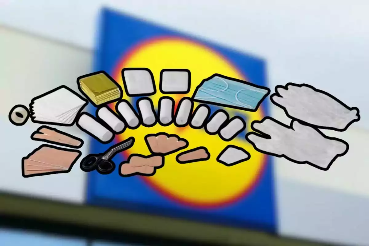 Kit de primeros auxilios con vendas, gasas, tijeras, guantes, mascarilla, tiritas y otros suministros médicos sobre un fondo borroso con un logotipo circular amarillo y azul Kit de primeros auxilios con vendas, gasas, tijeras, guantes, mascarilla, tiritas y otros suministros médicos sobre un fondo borroso con un logotipo circular amarillo y azul