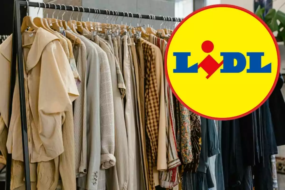 Ropa colgada en un perchero con el logo de Lidl superpuesto.