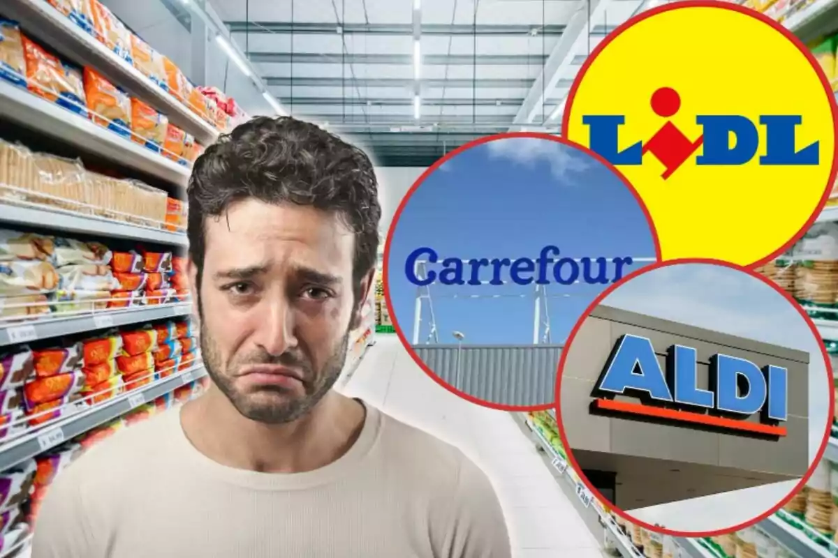 Un hombre con expresión triste en un pasillo de supermercado con logotipos de Lidl, Carrefour y Aldi.