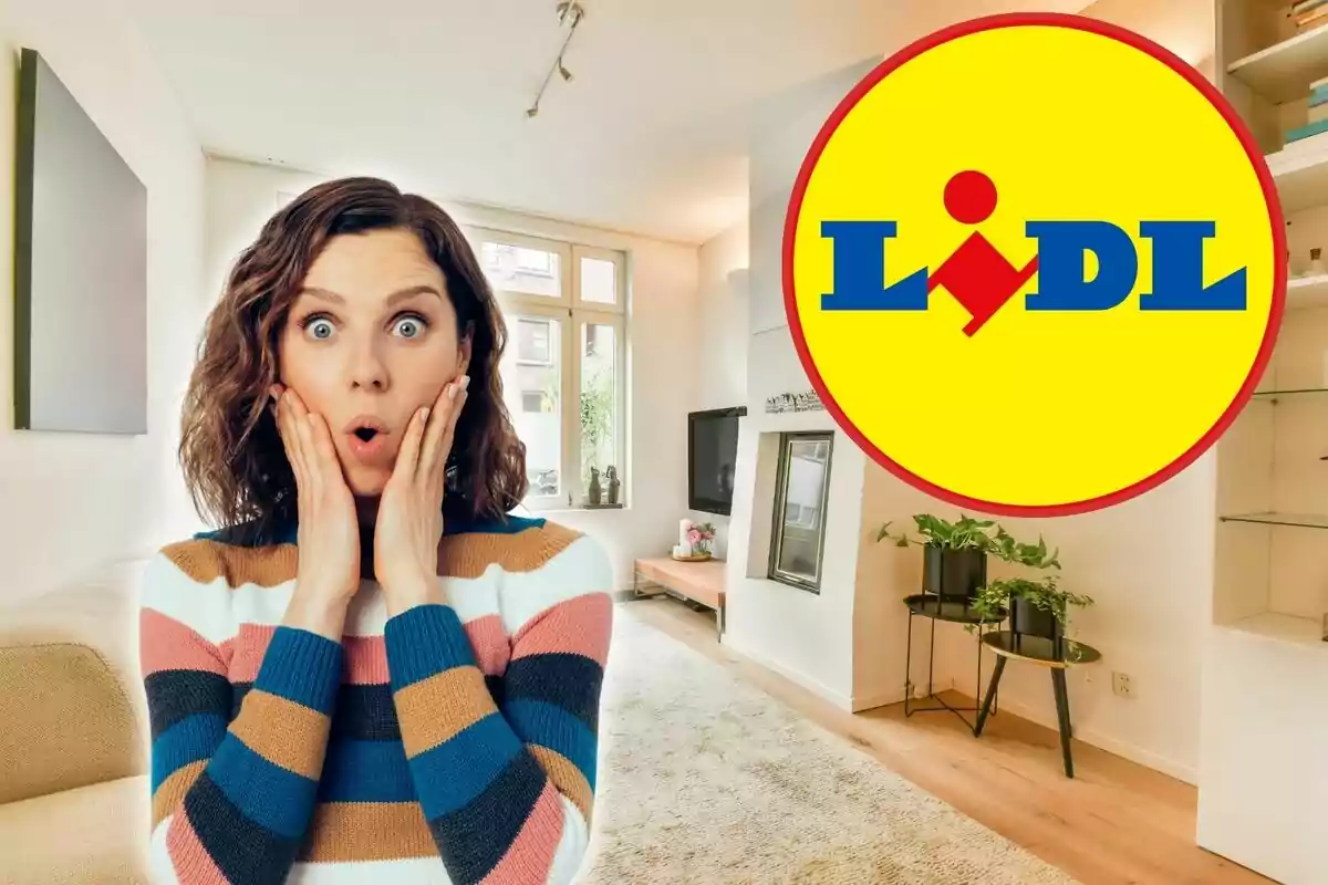 Una mujer con expresión de sorpresa en una sala de estar moderna con el logotipo de Lidl en la esquina superior derecha.