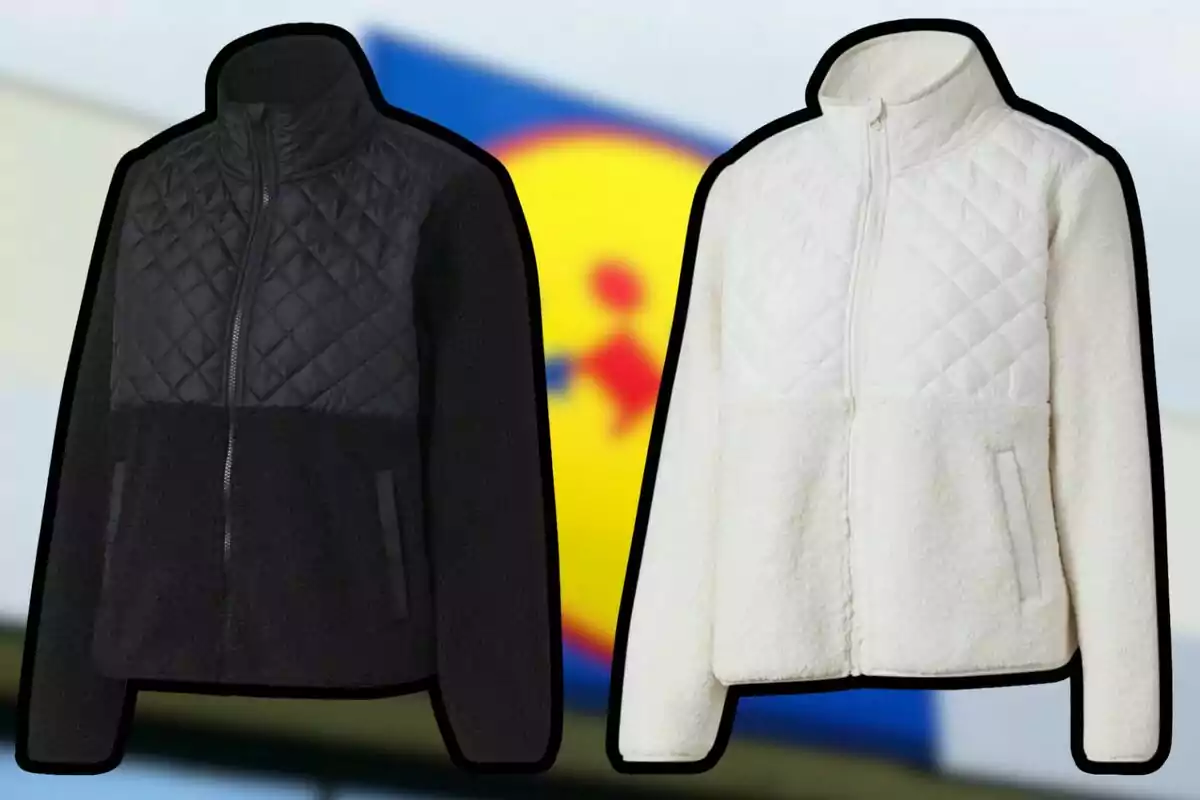 Dos chaquetas acolchadas, una negra y otra blanca, con fondo desenfocado de colores azul y amarillo. Dos chaquetas acolchadas, una negra y otra blanca, con fondo desenfocado de colores azul y amarillo.
