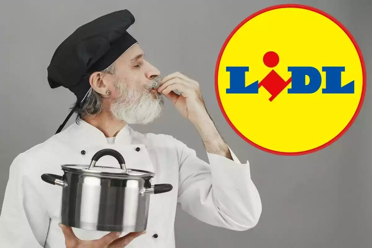 Un chef con gorro negro y barba blanca sostiene una olla de acero inoxidable mientras hace un gesto de satisfacción con la mano, junto al logotipo de Lidl.