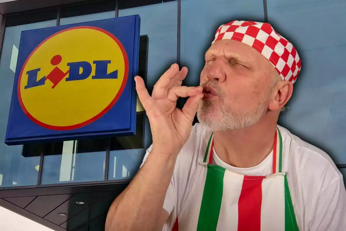 Hombre con gorro de cuadros rojos y blancos haciendo un gesto de satisfacción frente a un cartel de Lidl.