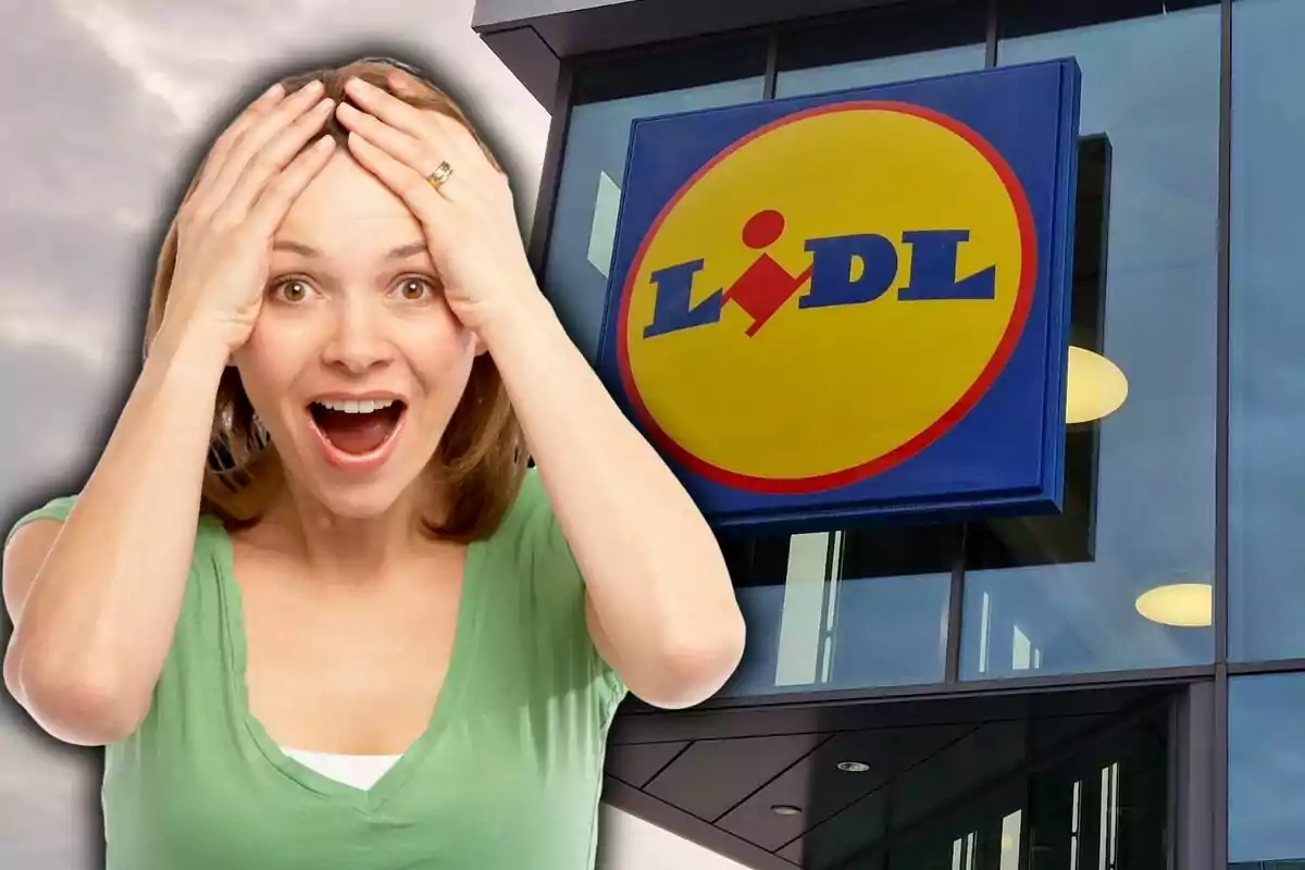 Mujer sorprendida con las manos en la cabeza frente a un supermercado Lidl