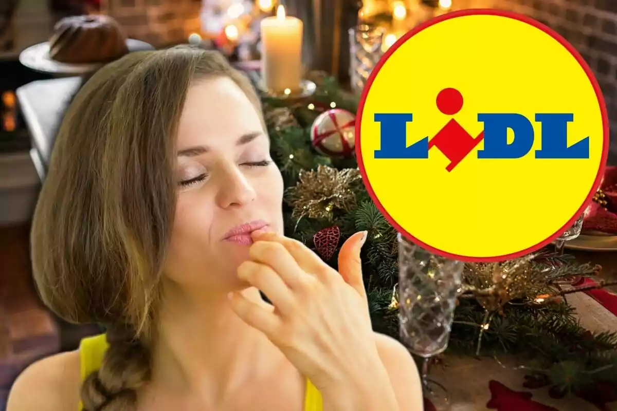 Una mujer disfrutando de una comida navideña con el logo de Lidl en primer plano.