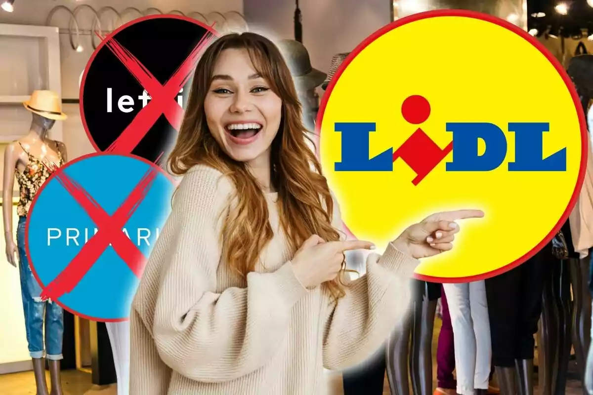 Una mujer sonriente señala el logo de Lidl en una tienda de ropa, mientras otros logos están tachados.