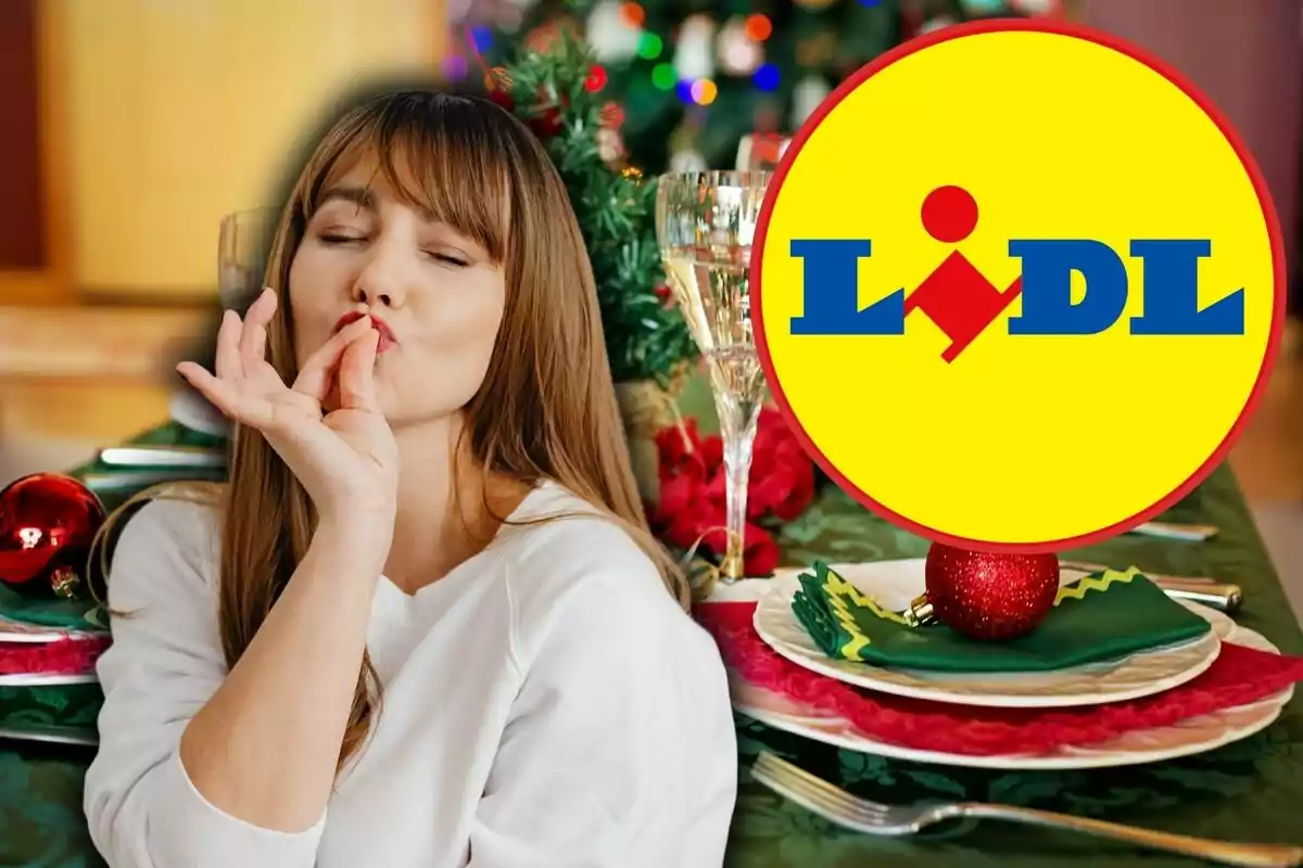 Mujer haciendo un gesto de satisfacción frente a una mesa decorada con adornos navideños y el logo de Lidl.