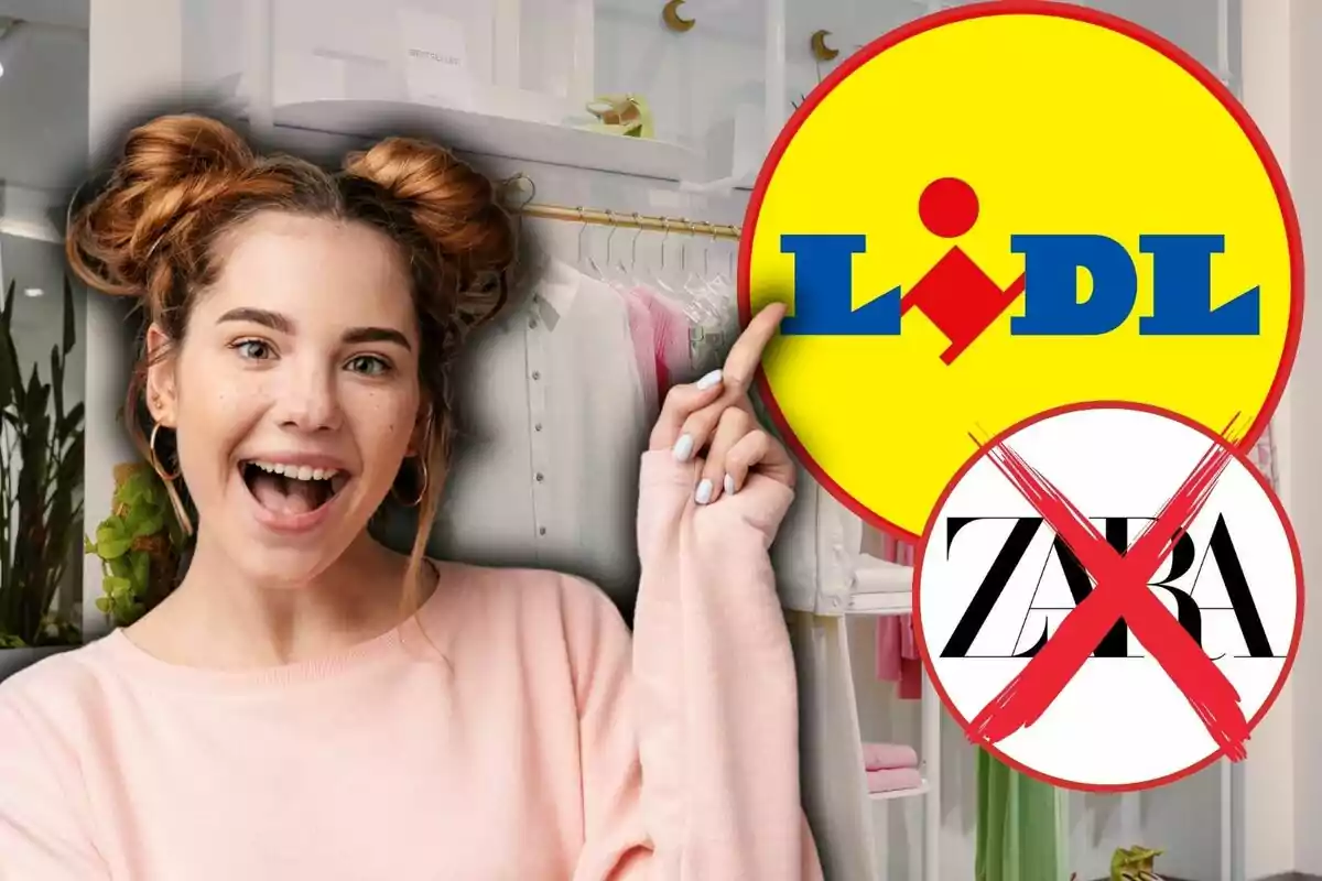 Una persona sonriente señala el logo de Lidl mientras un logo de Zara está tachado.