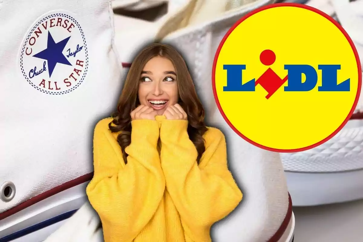 Una mujer sonriente con un suéter amarillo está entre un logotipo de Converse y otro de Lidl.