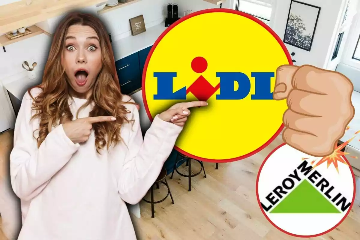 Una mujer sorprendida señala el logo de Lidl mientras una mano animada golpea el logo de Leroy Merlin en un fondo de cocina moderna.