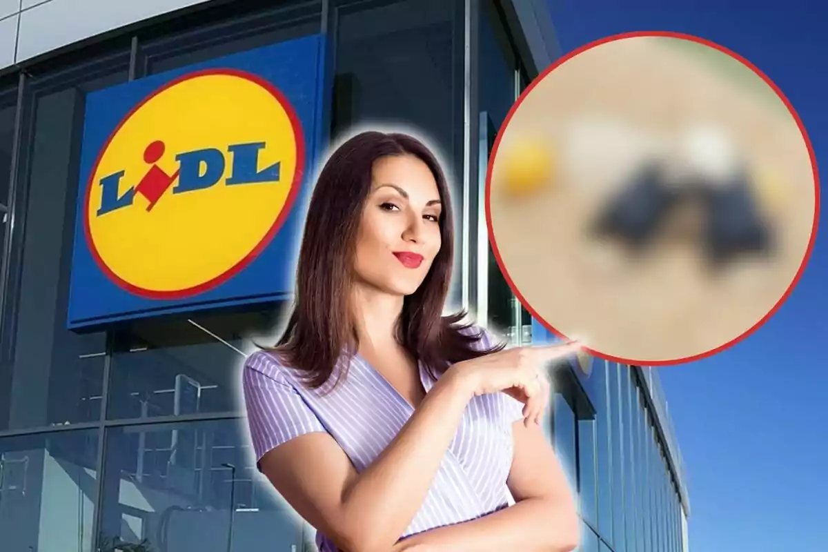 Una mujer señalando una imagen borrosa con el logo de Lidl en el fondo.