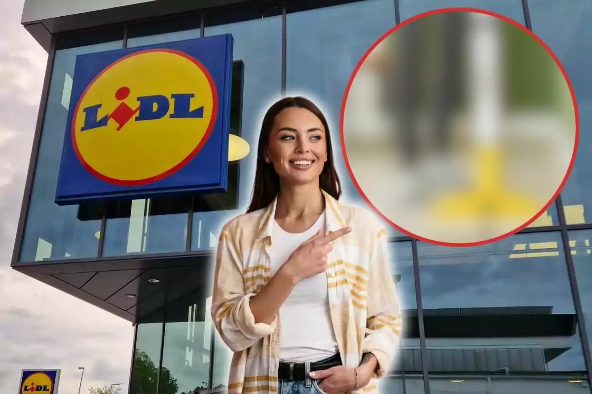 Una mujer sonriente señala hacia un logotipo de Lidl en la fachada de una tienda, con un círculo borroso en la esquina superior derecha.