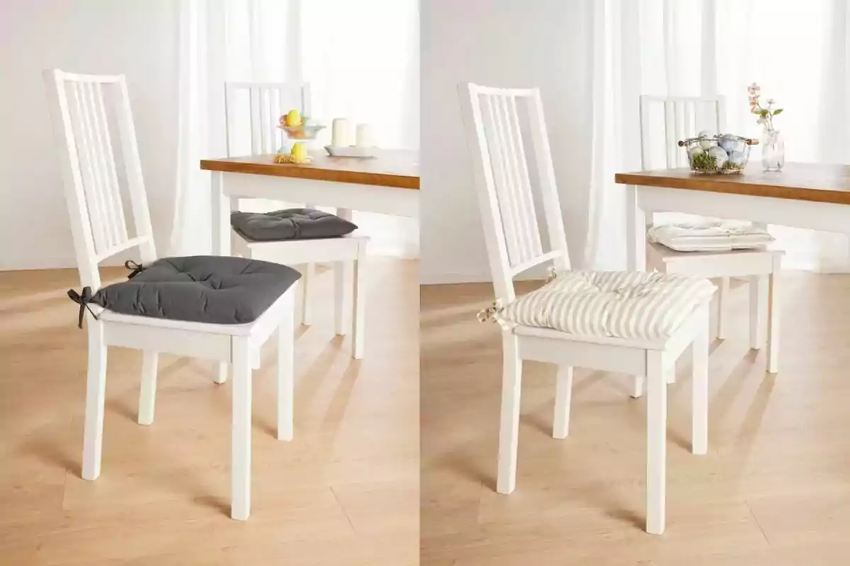 Dos sillas blancas con cojines, una con cojín gris y otra con cojín a rayas, junto a una mesa de madera en un ambiente luminoso. Dos sillas blancas con cojines, una con cojín gris y otra con cojín a rayas, junto a una mesa de madera en un ambiente luminoso.