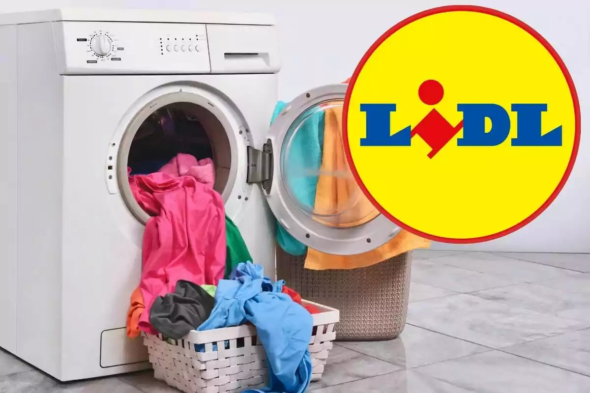 Una lavadora con ropa de colores y el logotipo de Lidl.