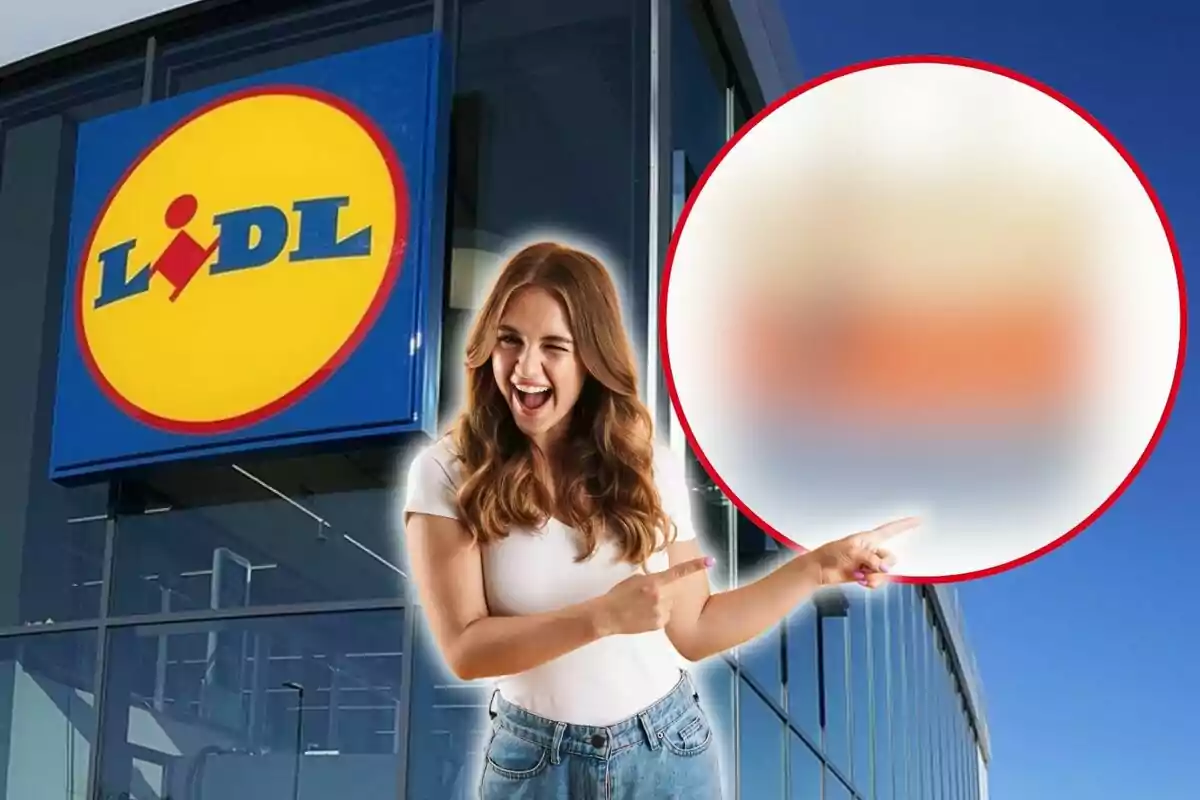 Mujer sonriendo y señalando un círculo borroso frente a una tienda Lidl.