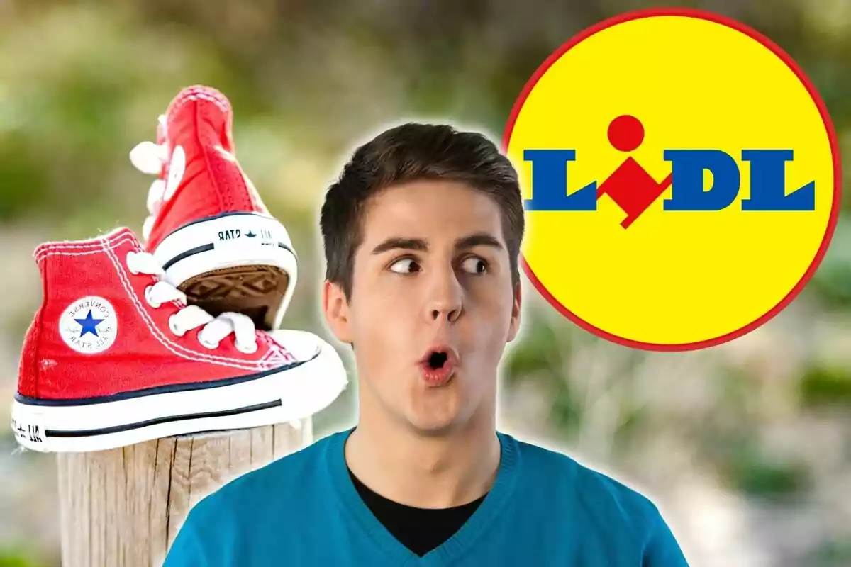 Un hombre con expresión sorprendida, un par de zapatillas rojas y el logo de Lidl en el fondo.