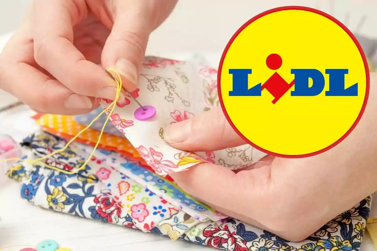 Manos cosiendo un botón en una tela con el logo de Lidl superpuesto.