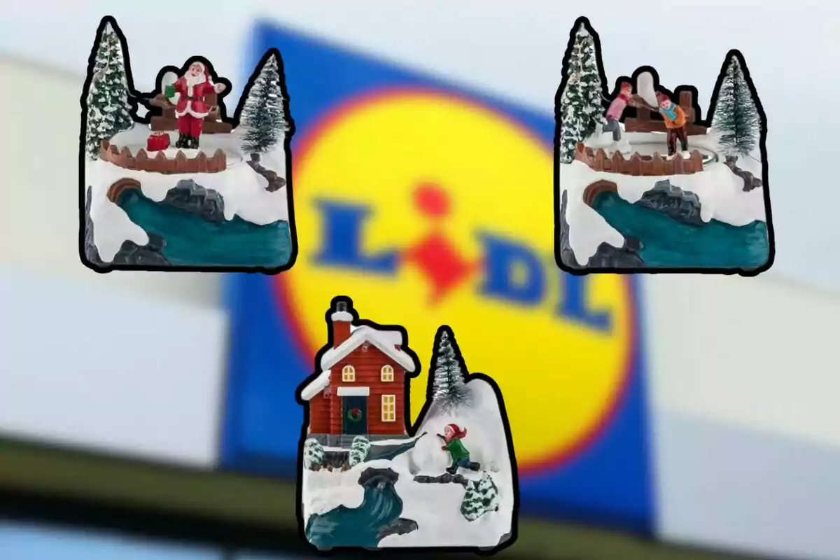 Tres figuras navideñas con paisajes nevados y un fondo desenfocado del logo de Lidl. Tres figuras navideñas con paisajes nevados y un fondo desenfocado del logo de Lidl.