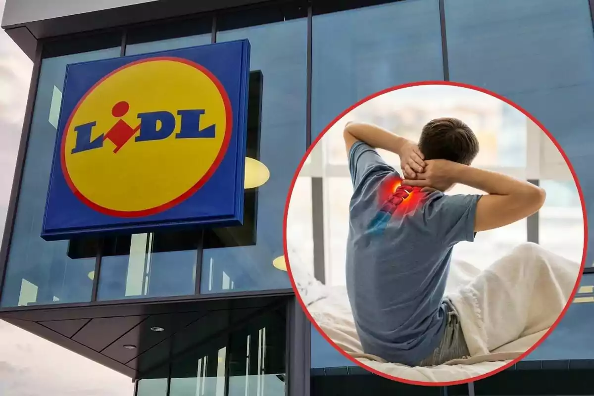 Logo de Lidl en un edificio y una persona con dolor de cuello y espalda