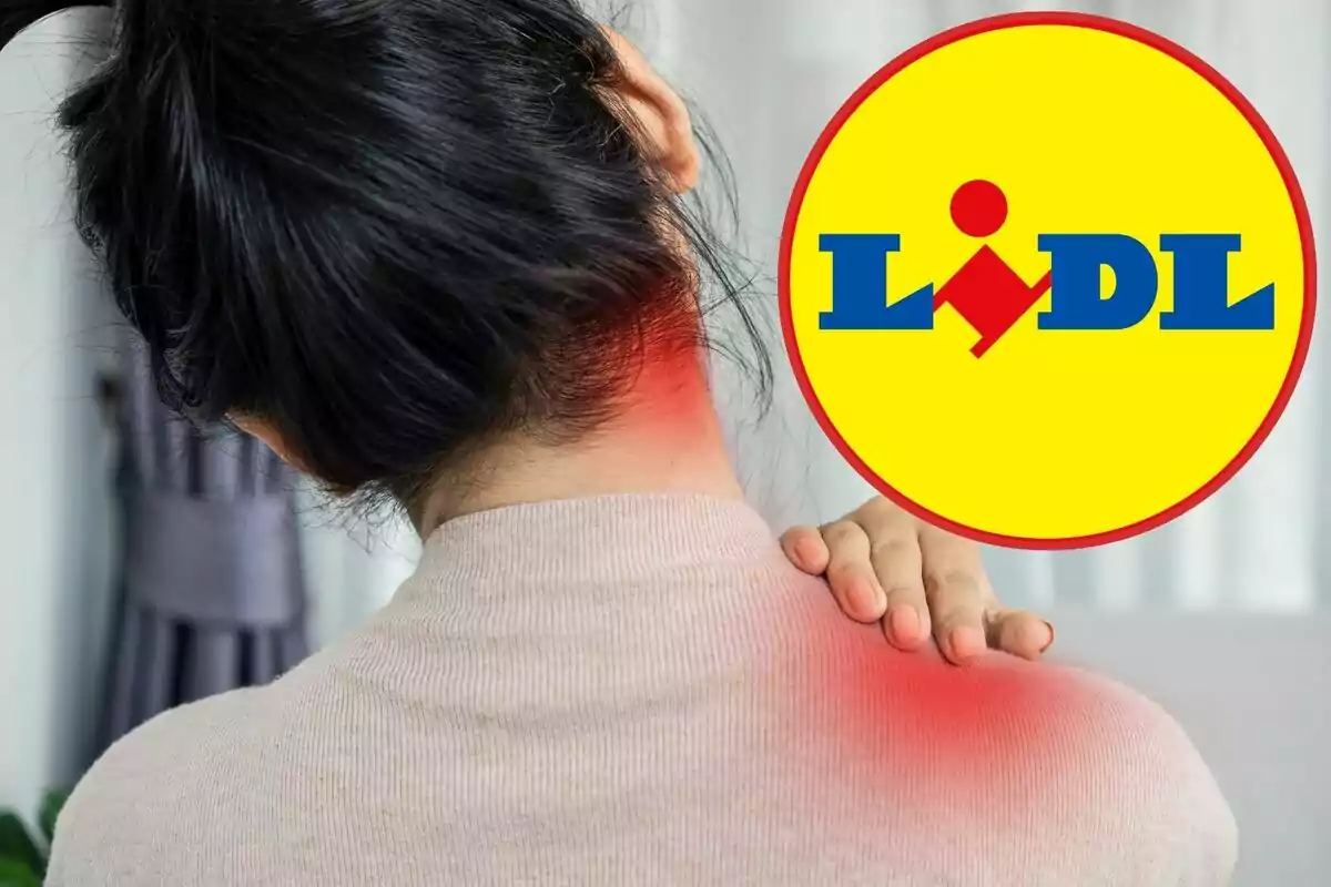 Persona con dolor de cuello y hombro, con el logotipo de Lidl en la esquina superior derecha. Persona con dolor de cuello y hombro, con el logotipo de Lidl en la esquina superior derecha.
