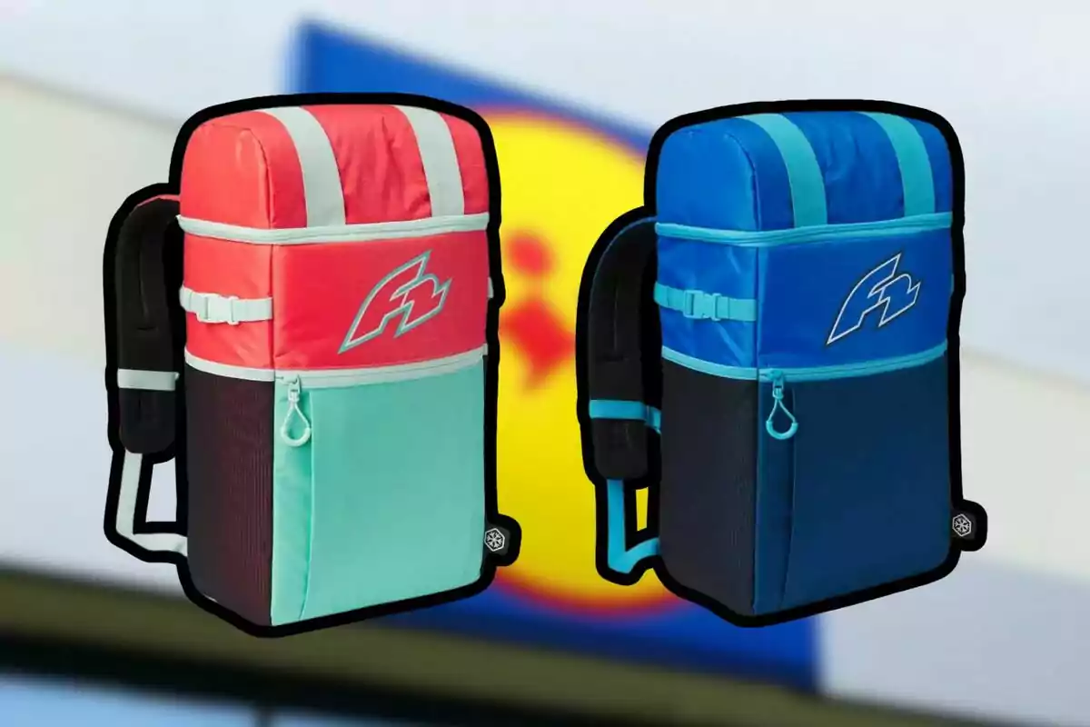 Dos mochilas térmicas de colores rojo con verde y azul con negro están sobre un fondo desenfocado que parece ser el logotipo de una tienda. Dos mochilas térmicas de colores rojo con verde y azul con negro están sobre un fondo desenfocado que parece ser el logotipo de una tienda.