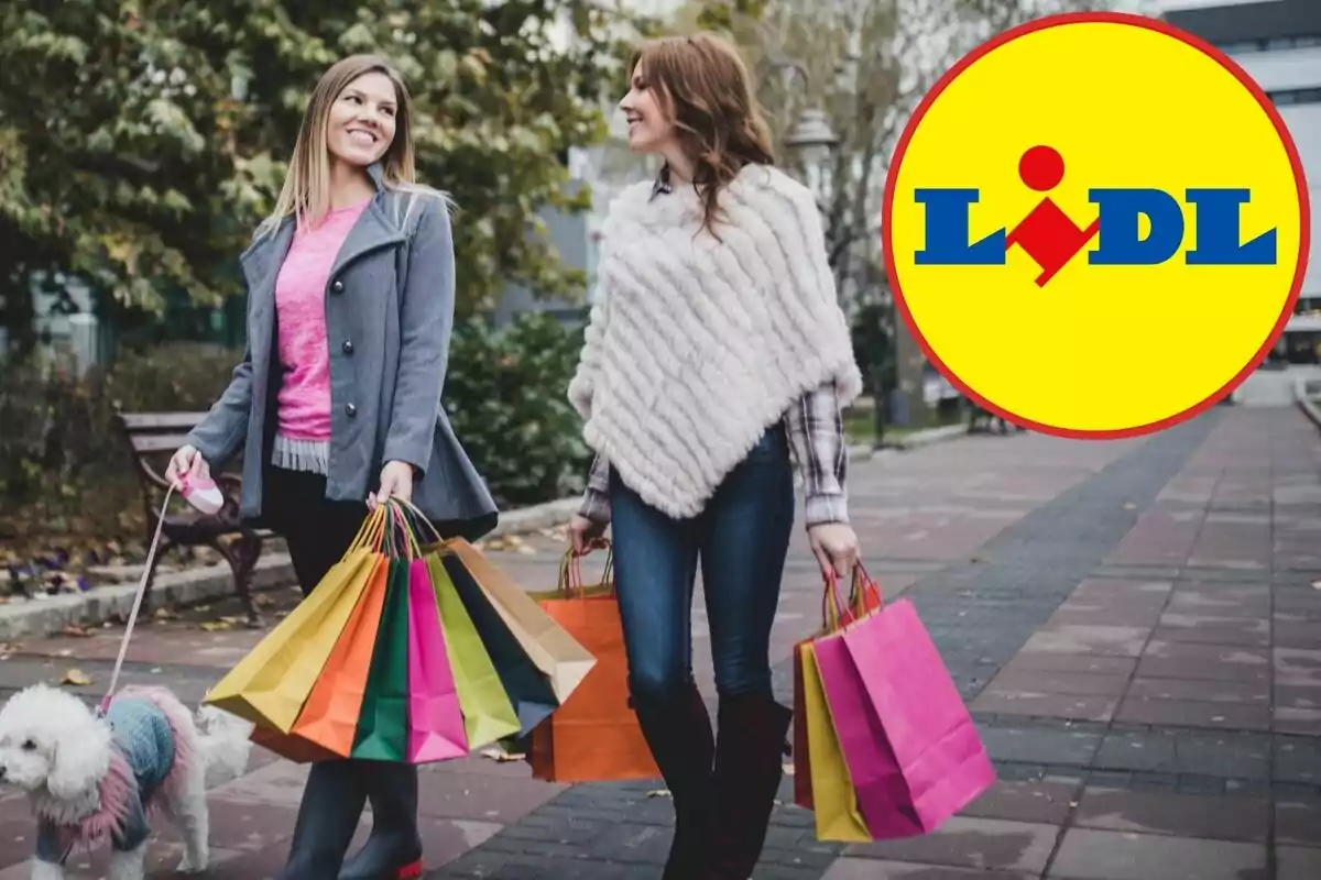 Dos mujeres caminando con bolsas de compras y un perro pequeño en un parque con el logo de Lidl en la esquina.