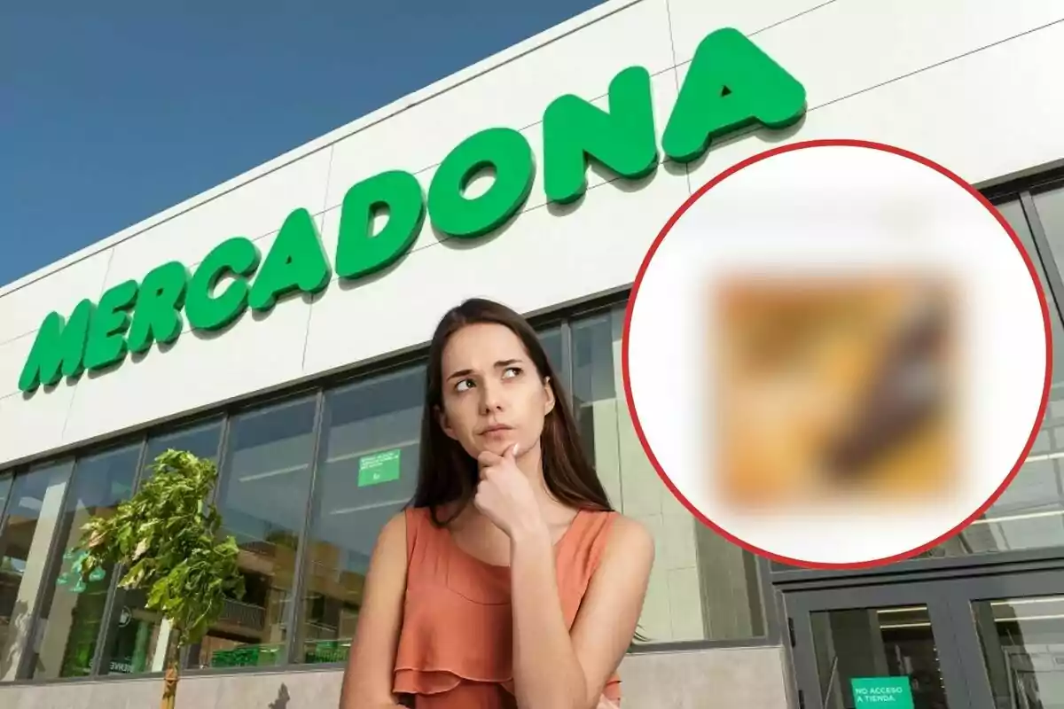 Una mujer pensativa frente a una tienda de Mercadona con un producto borroso en un círculo rojo.