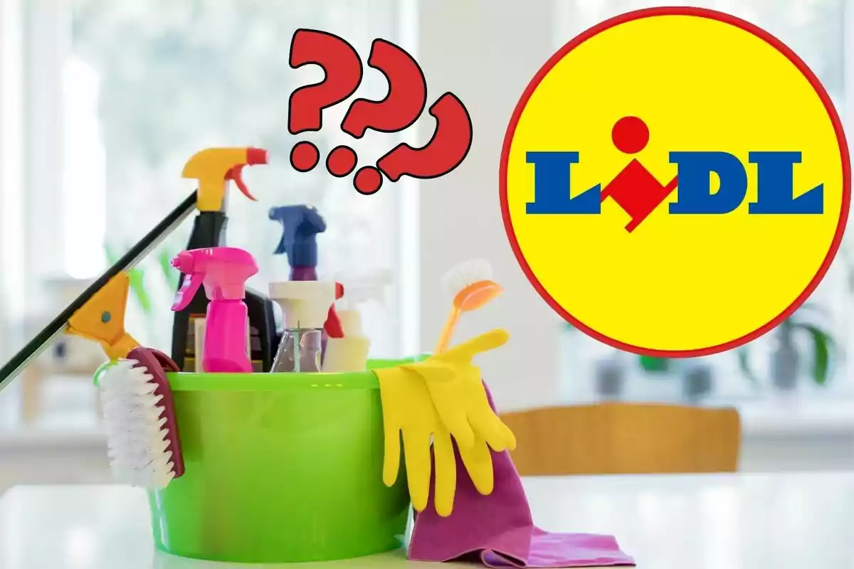 Un cubo verde lleno de productos de limpieza y utensilios como guantes y cepillos con el logo de Lidl en la esquina superior derecha y signos de interrogación en rojo.