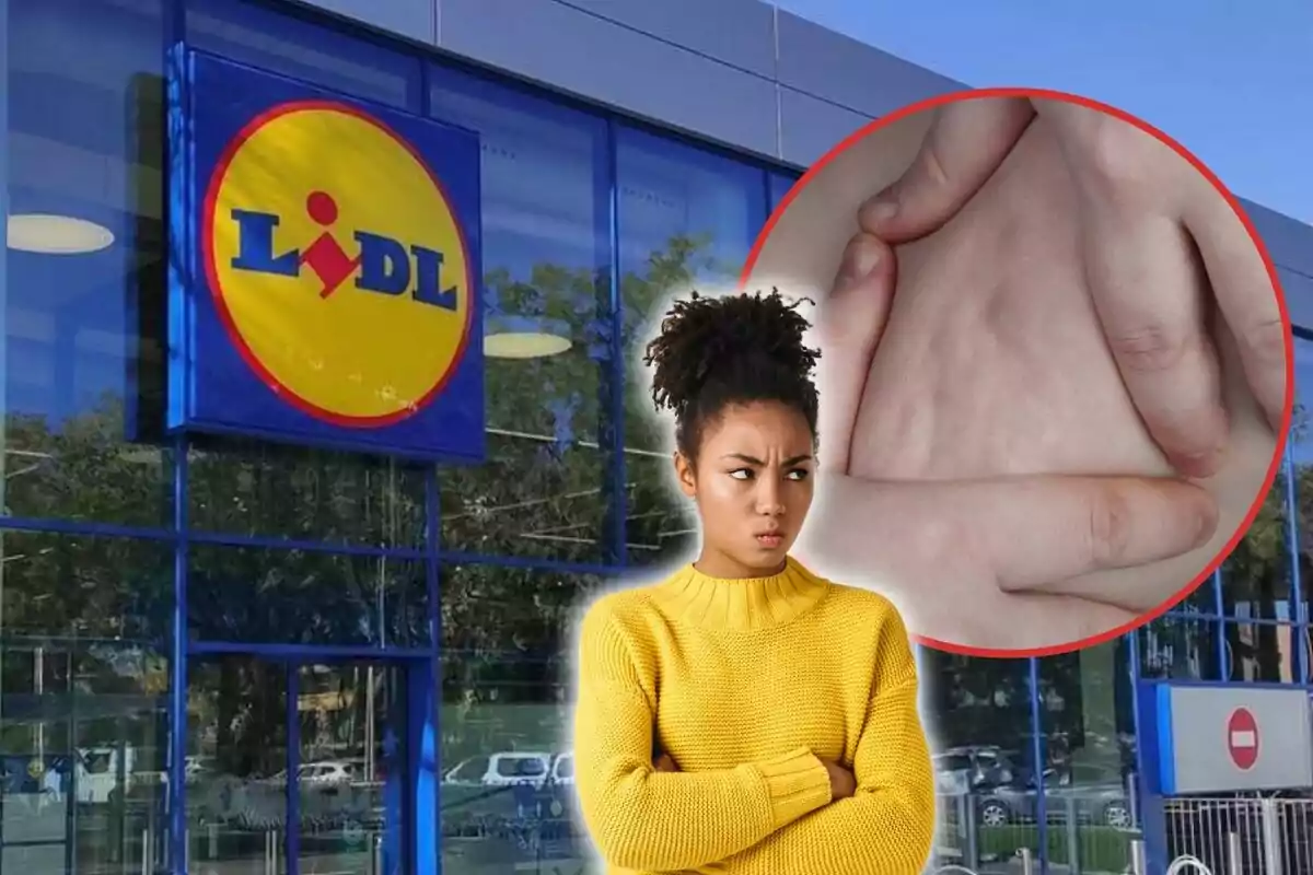 Mujer enfadada mirando la celulitis y el supermercado Lidl