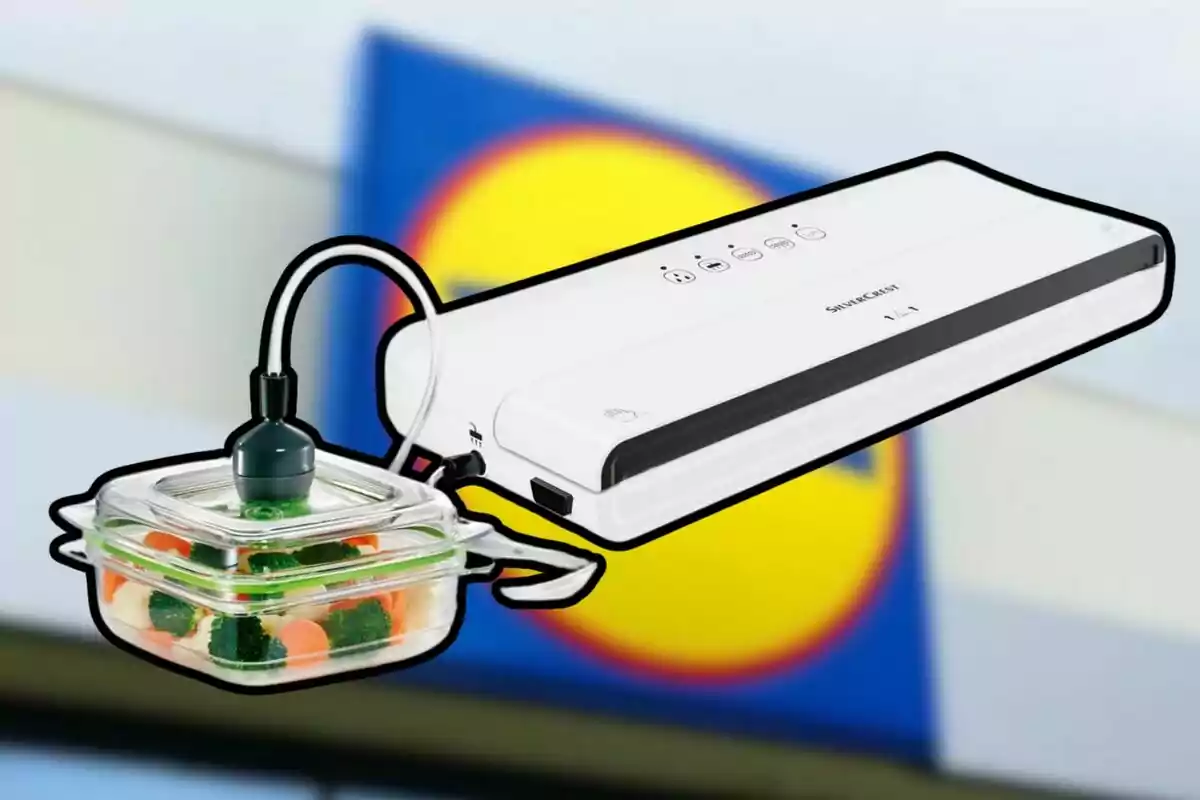 Selladora al vacío blanca conectada a un recipiente de vidrio con vegetales. Selladora al vacío blanca conectada a un recipiente de vidrio con vegetales.