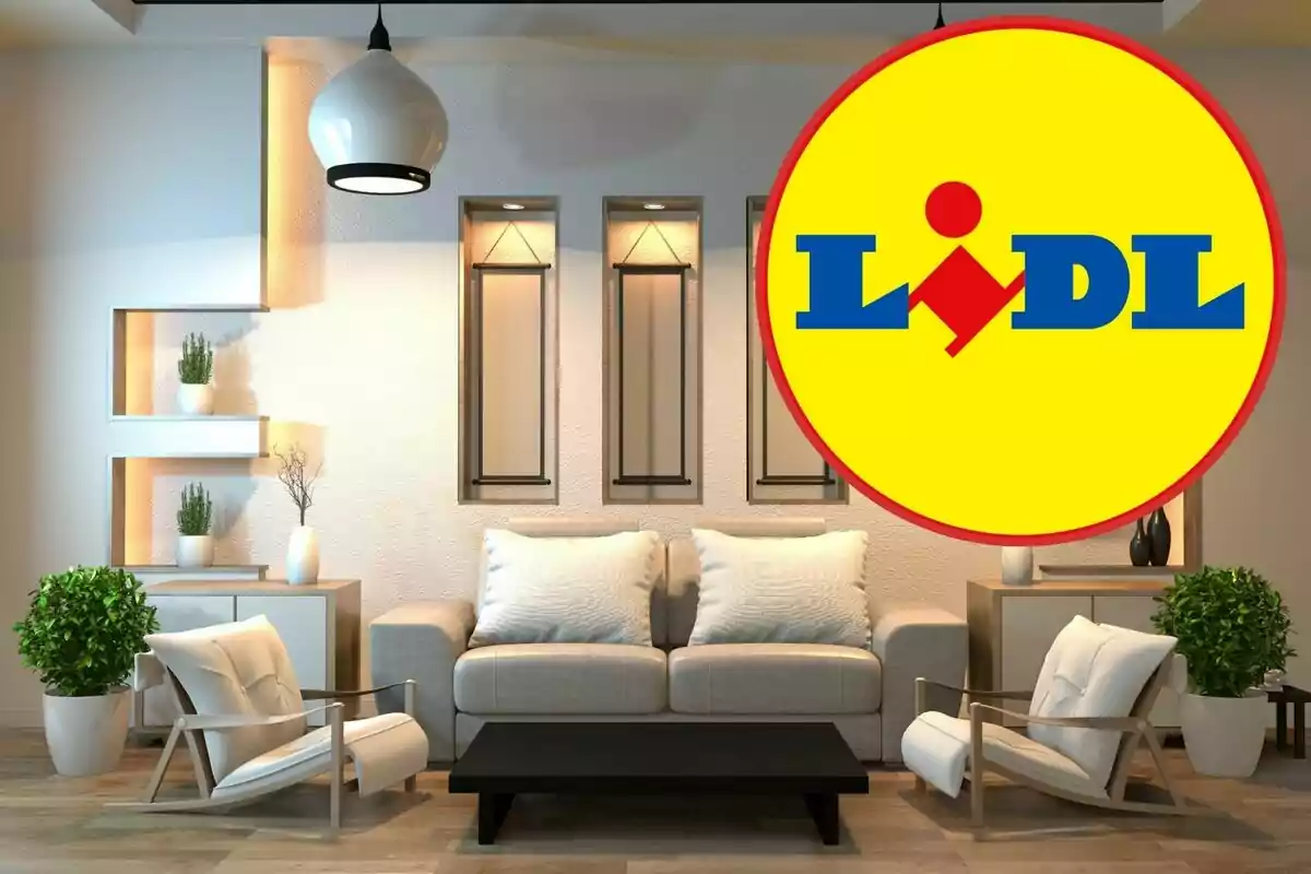 Sala de estar moderna con muebles minimalistas y logotipo de Lidl en la esquina superior derecha.