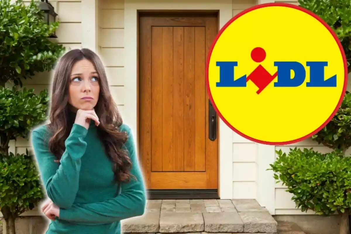 Una mujer con expresión pensativa está de pie frente a una puerta de madera, con el logotipo de Lidl en la esquina superior derecha.