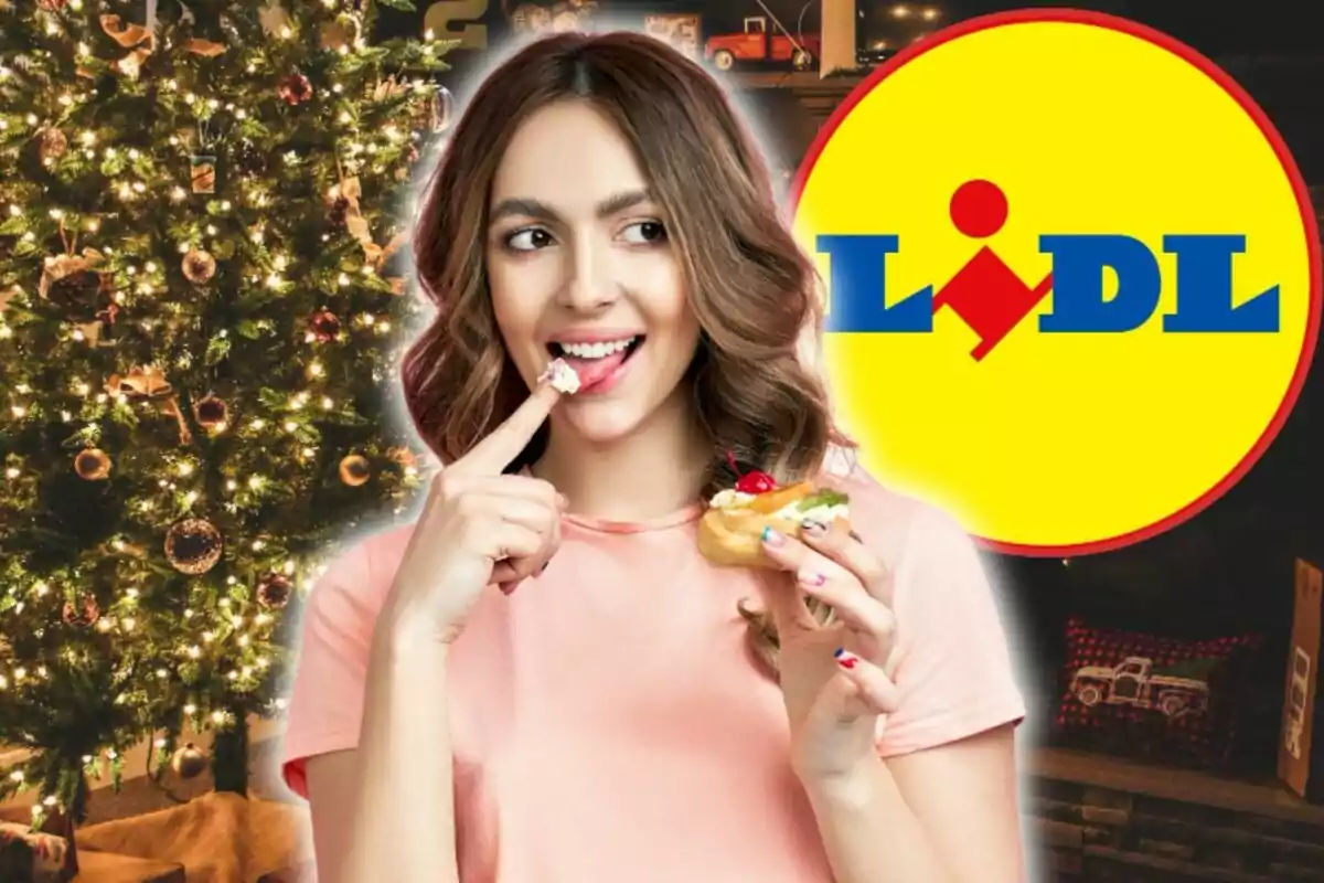 Mujer sonriendo mientras come un pastelito con un árbol de Navidad iluminado y el logo de Lidl al fondo.