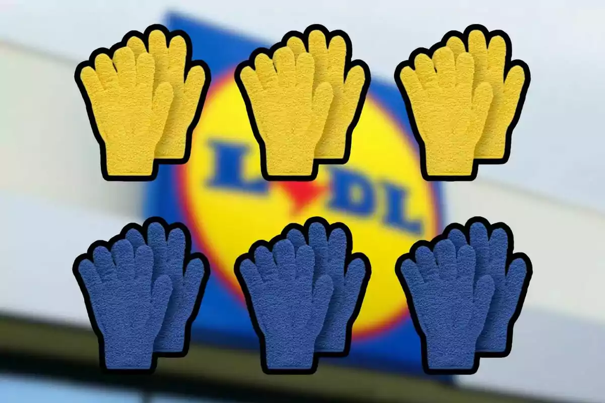 Seis pares de guantes de limpieza, tres amarillos y tres azules, sobre un fondo desenfocado de un logotipo. Seis pares de guantes de limpieza, tres amarillos y tres azules, sobre un fondo desenfocado de un logotipo.