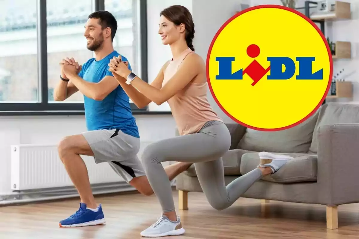 Dos personas haciendo ejercicio en una sala con el logotipo de Lidl en la esquina derecha.